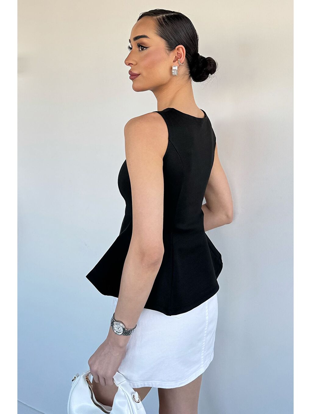 Siyah Kadın Bisiklet Yaka Volan Bluz-3