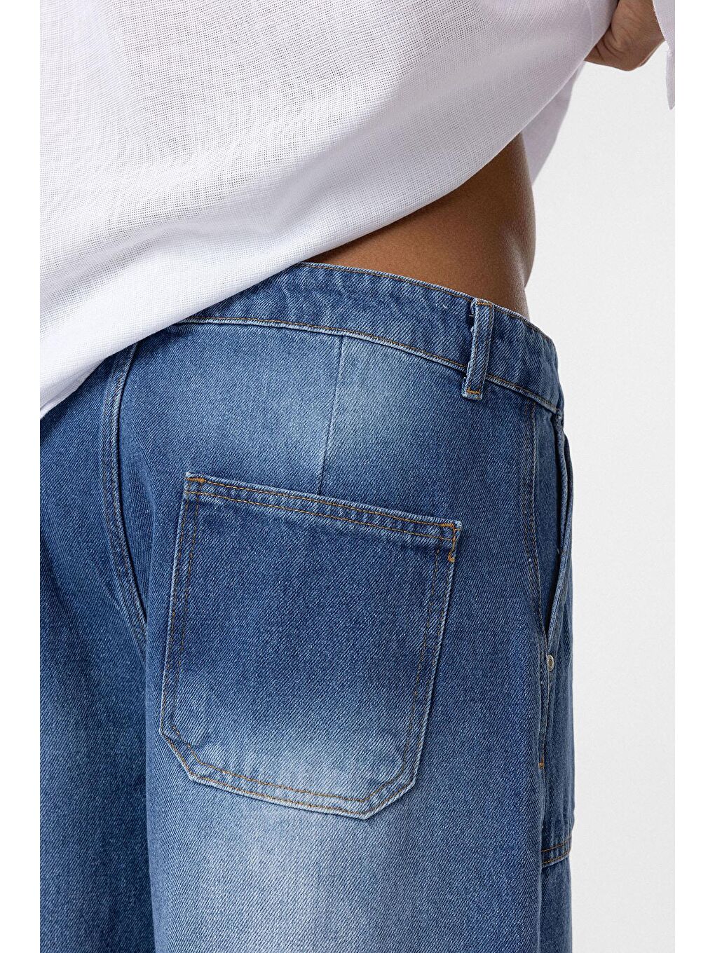 Cep Detaylı Baggy Fit Jean Mavi-4