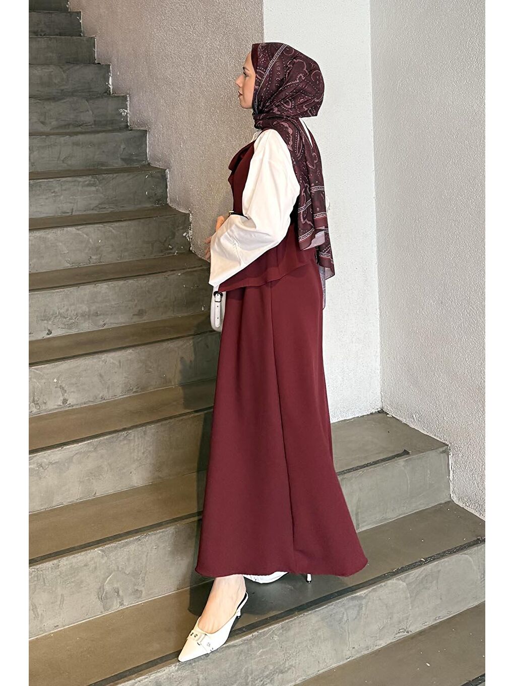 Düğmeli Etek-Yelek Tesettür İkili Takım Bordo-1