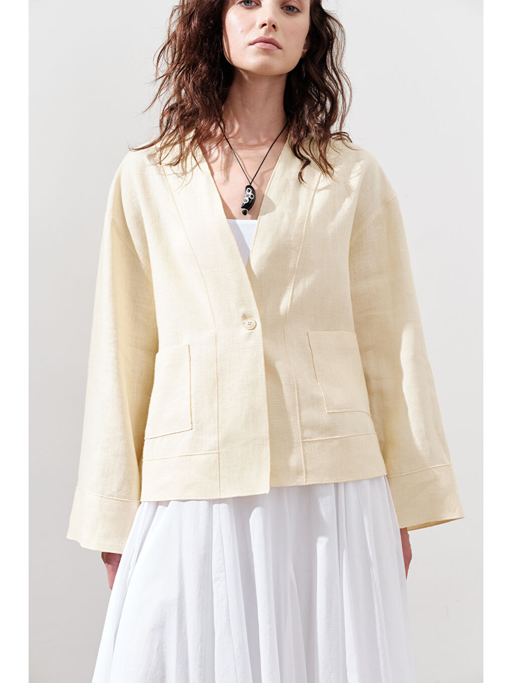 Keten Tek Düğmeli Bluz Sarı-3