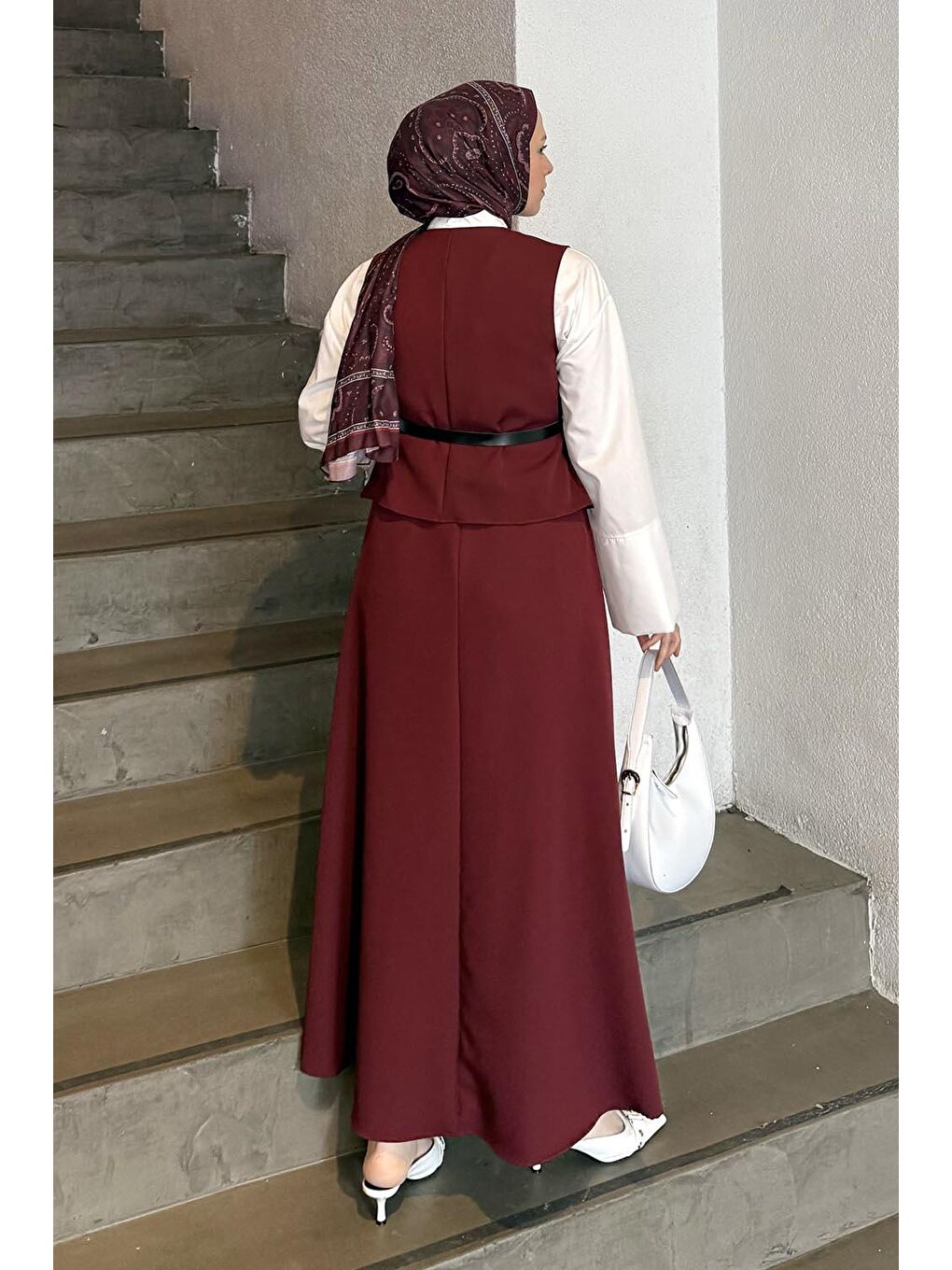 Düğmeli Etek-Yelek Tesettür İkili Takım Bordo-2