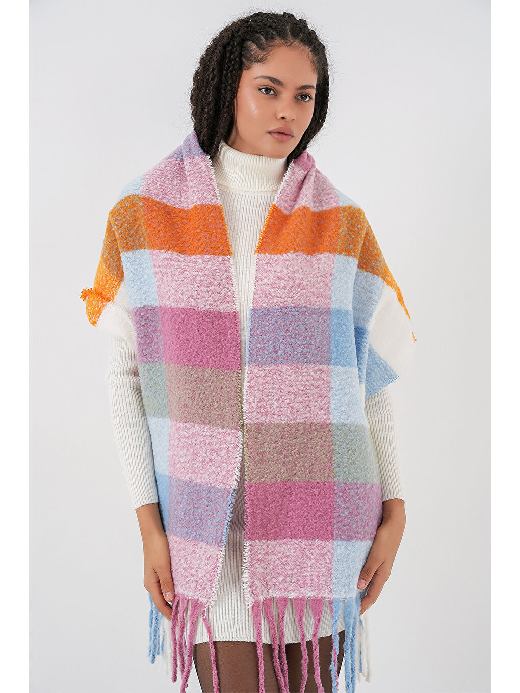 Pembe Kadın Yumuşak Dokulu Kalın Şal Atkı 15951 - Pudra-3