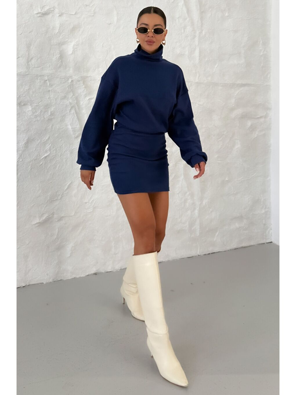 Kadın Lacivert Boğazlı Bel Lastikli İnterlok Mini Elbise-2