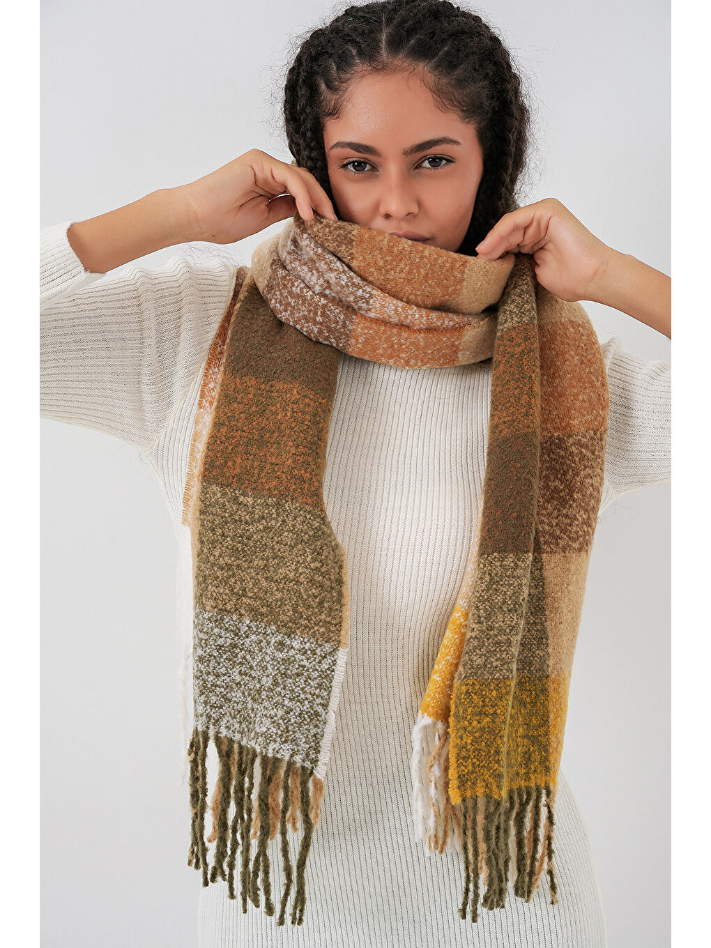 Sarı Kadın Yumuşak Dokulu Kalın Şal Atkı 15951 - Hardal-4