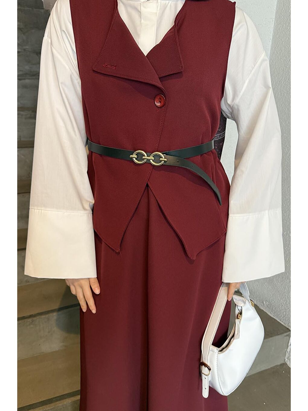 Düğmeli Etek-Yelek Tesettür İkili Takım Bordo-3