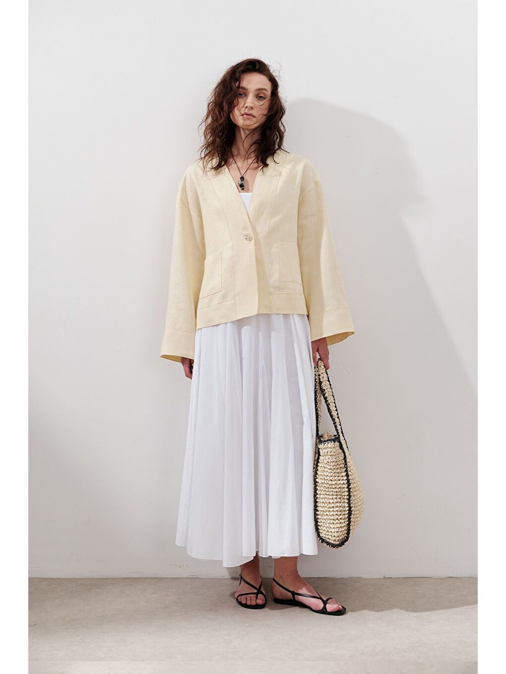 Keten Tek Düğmeli Bluz Sarı-4