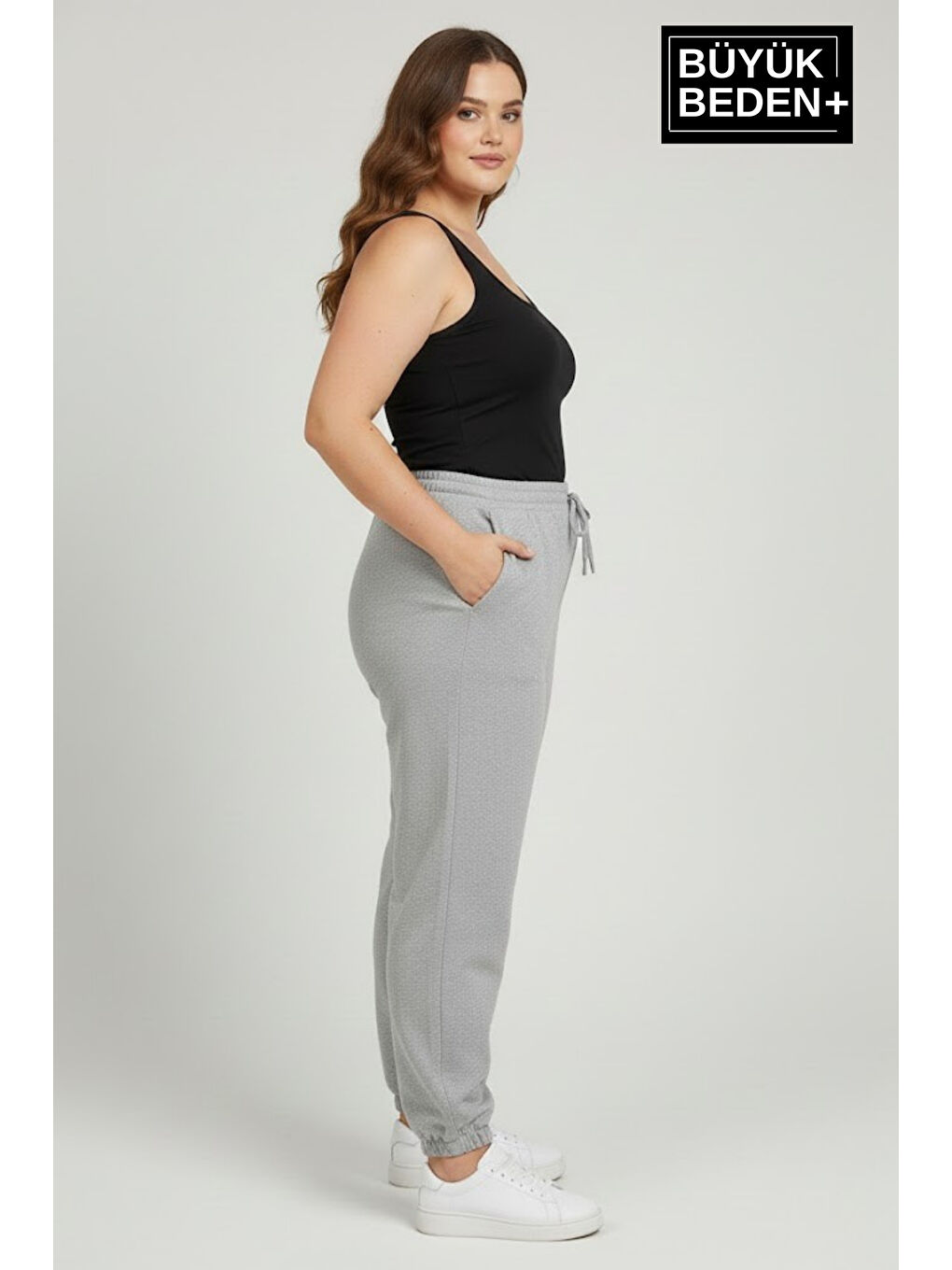 Gri Kadın Büyük Beden Paça Lastikli İki İplik Rahat Kalıp ince Eşofman Altı SPR26BEAK951-2