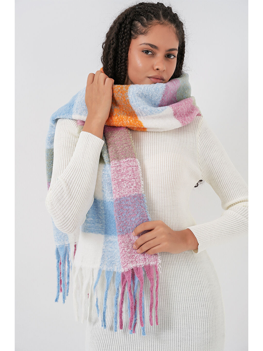 Pembe Kadın Yumuşak Dokulu Kalın Şal Atkı 15951 - Pudra-4