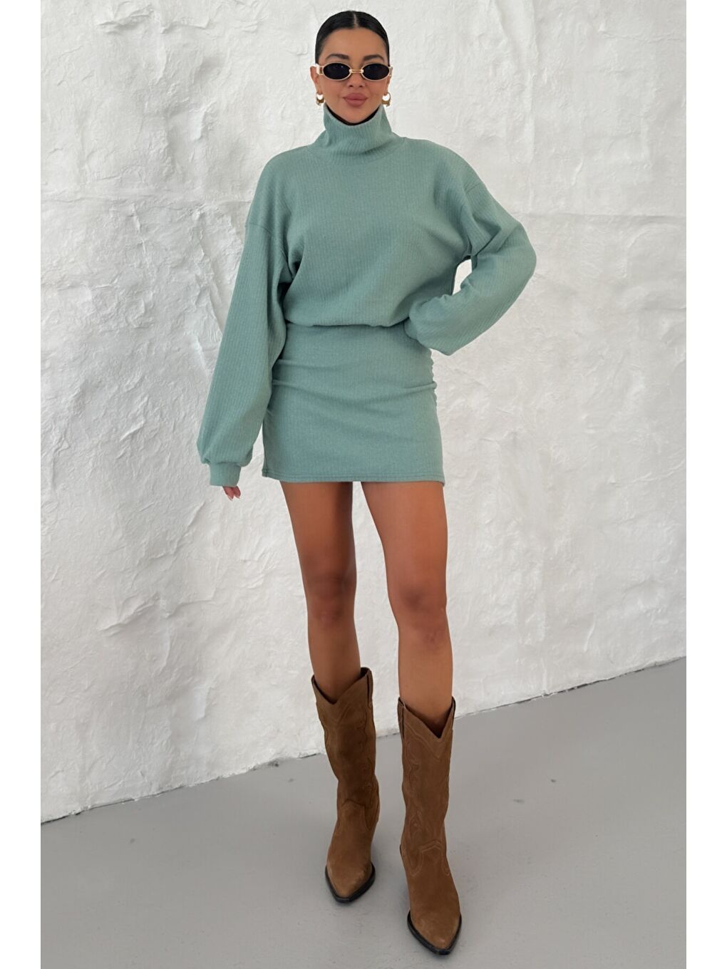Kadın Mint Yeşili Boğazlı Bel Lastikli İnterlok Mini Elbise-1