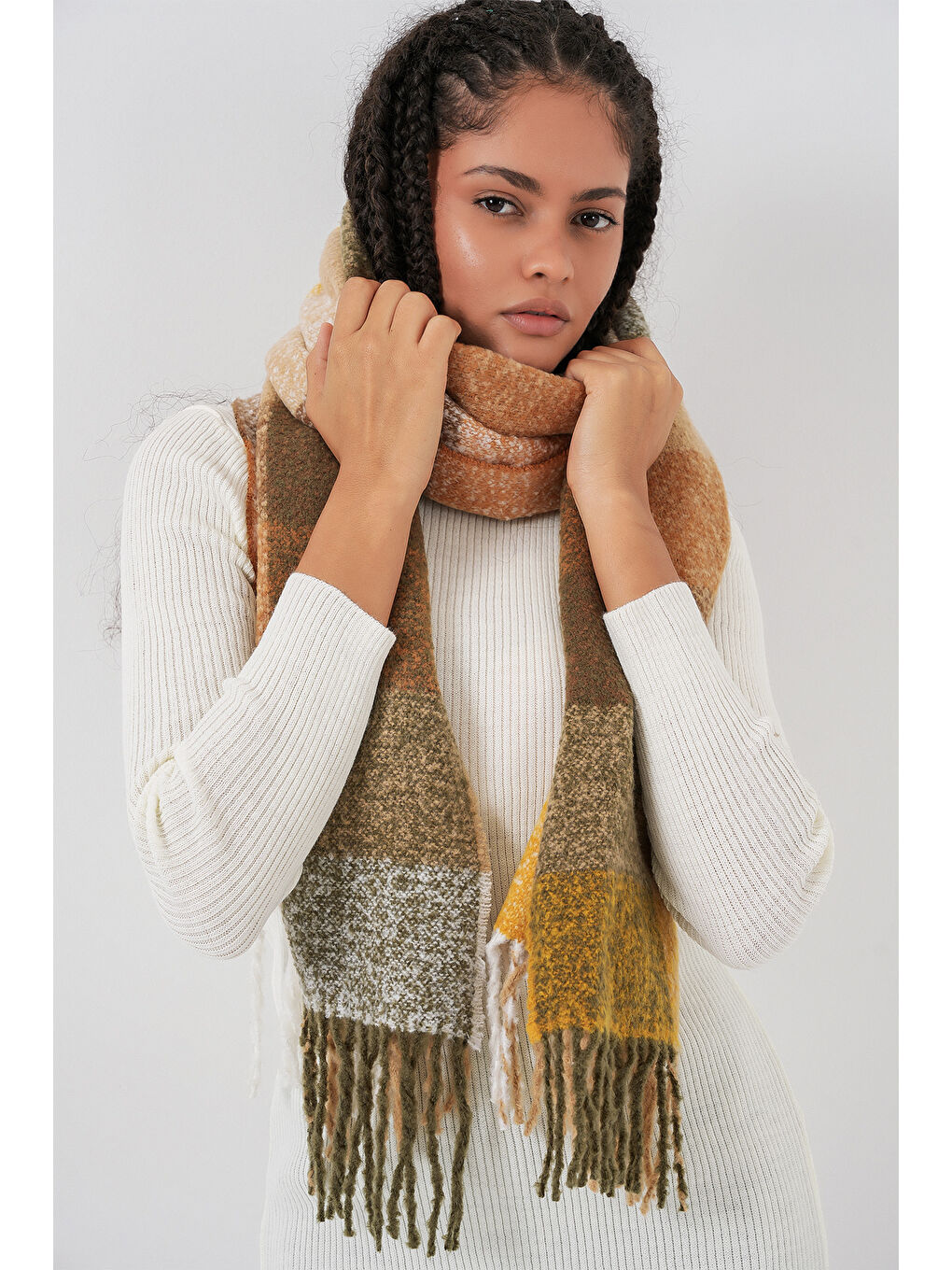 Sarı Kadın Yumuşak Dokulu Kalın Şal Atkı 15951 - Hardal-5