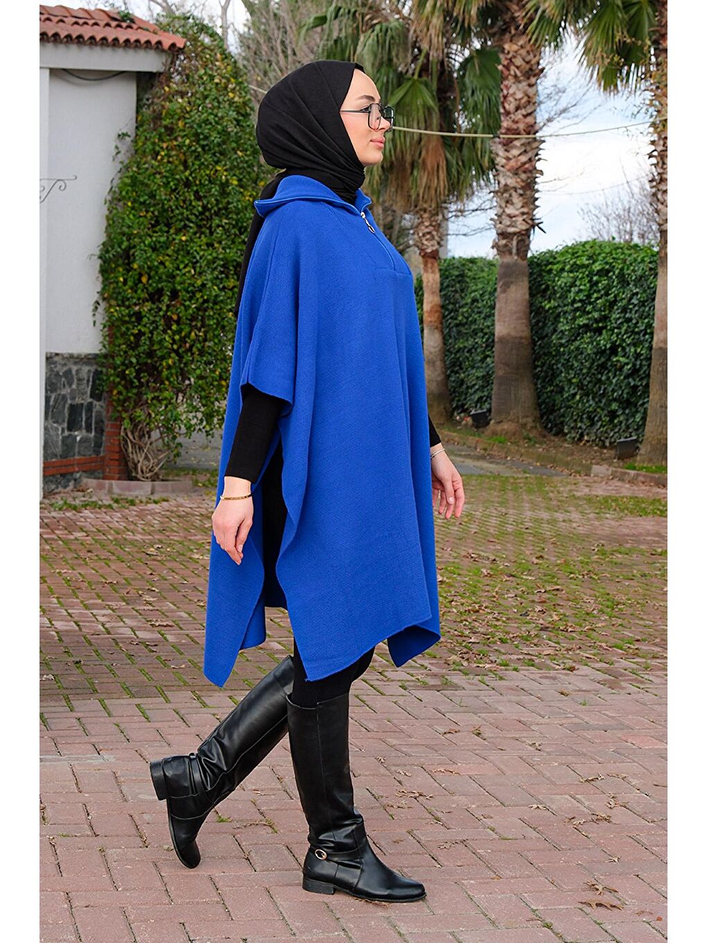 Önü Fermuarlı Panço Saks Mavi-3