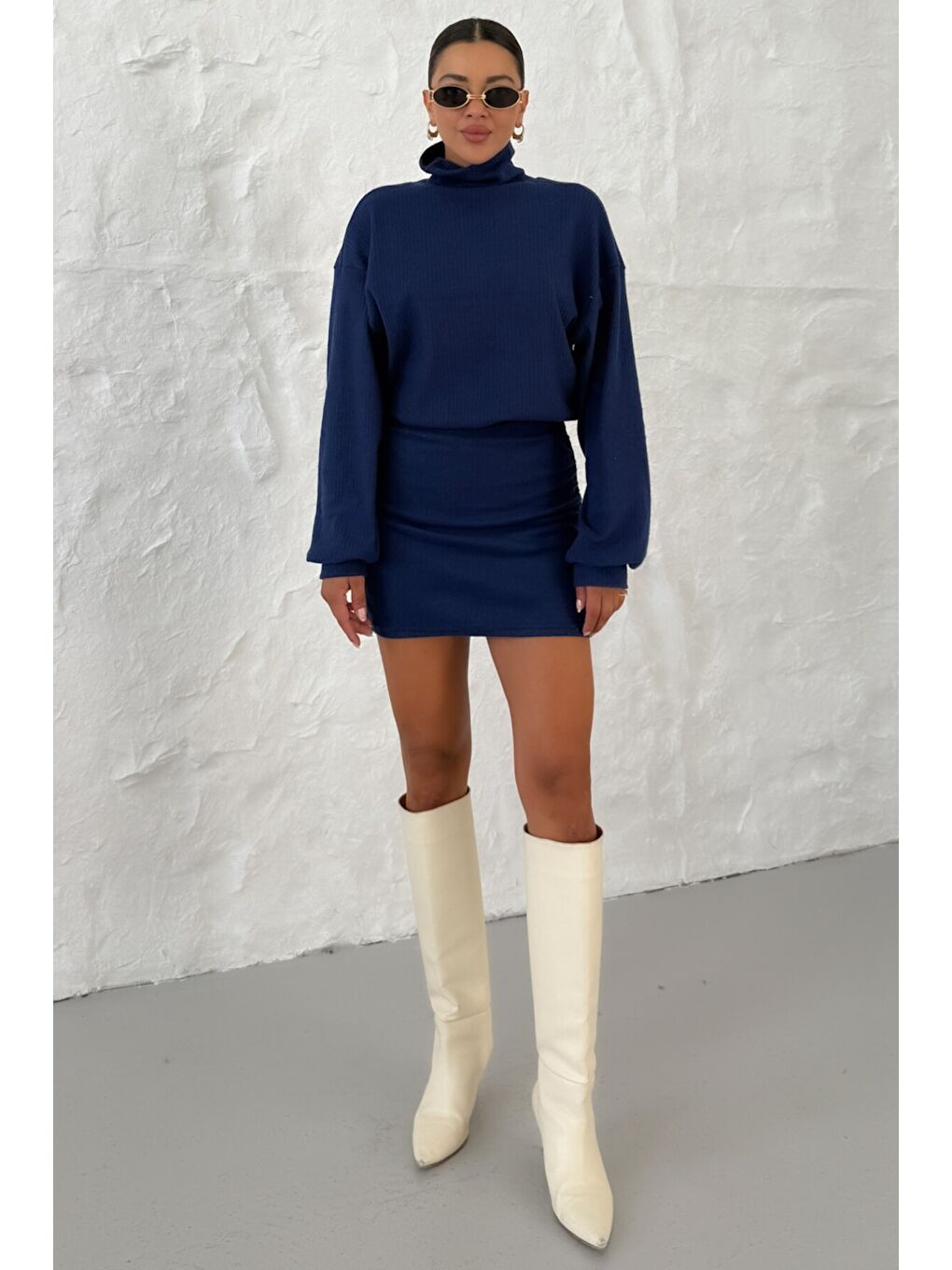 Kadın Lacivert Boğazlı Bel Lastikli İnterlok Mini Elbise-3