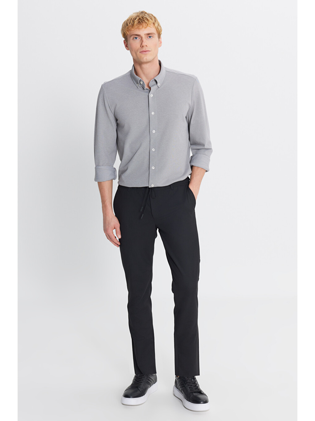 Erkek Siyah Yünlü Slim Fit Dar Kesim Esnek Takım Elbise Pantolonu-1