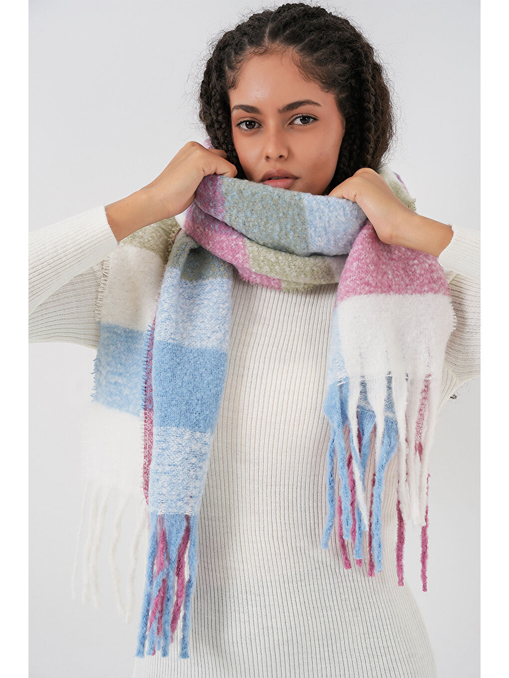 Pembe Kadın Yumuşak Dokulu Kalın Şal Atkı 15951 - Pudra-5