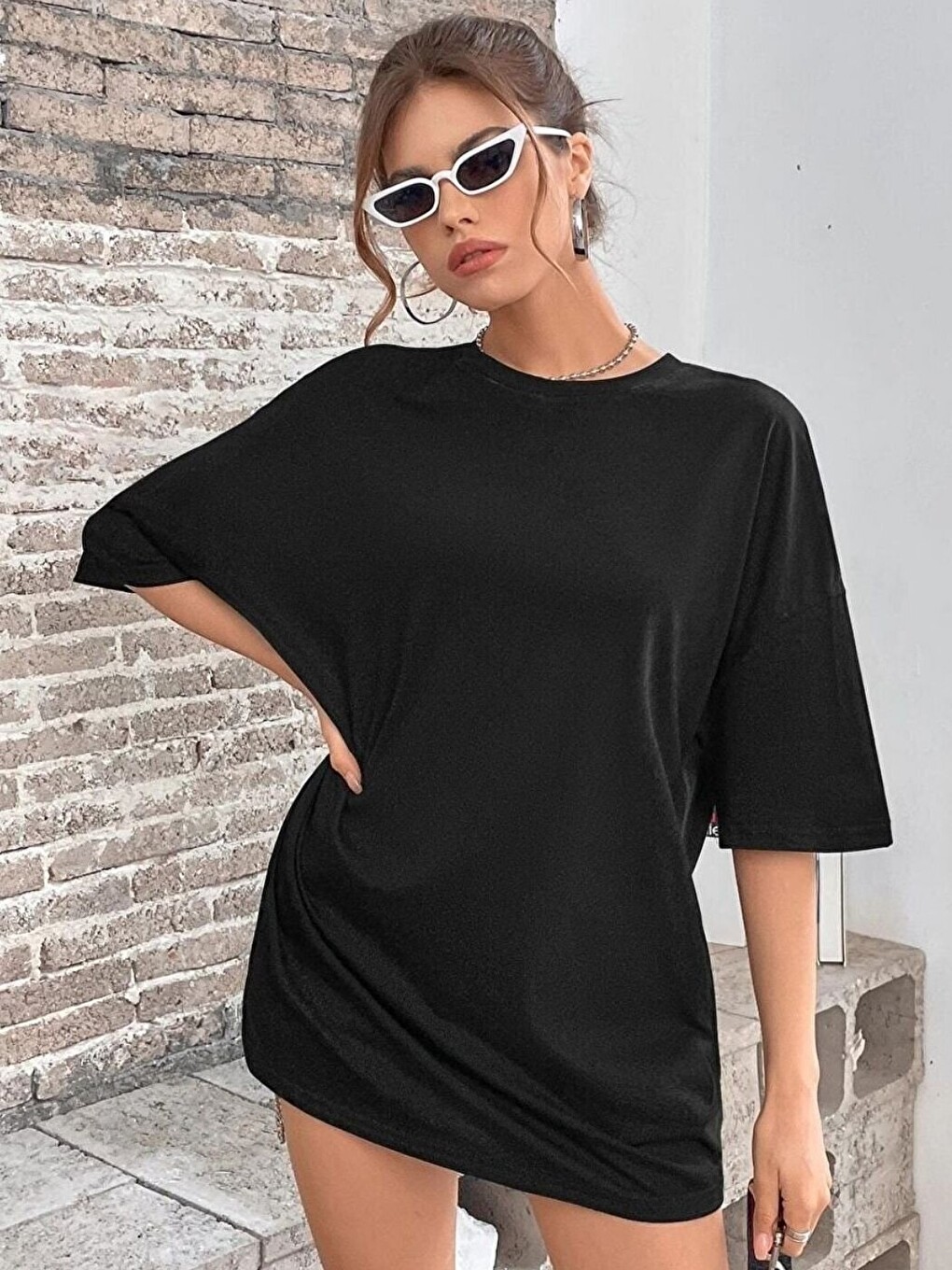Siyah Dikey Kelebek Baskı %100 Organik Pamuk Relaxed Fit Yuvarlak Yaka Tişört-1