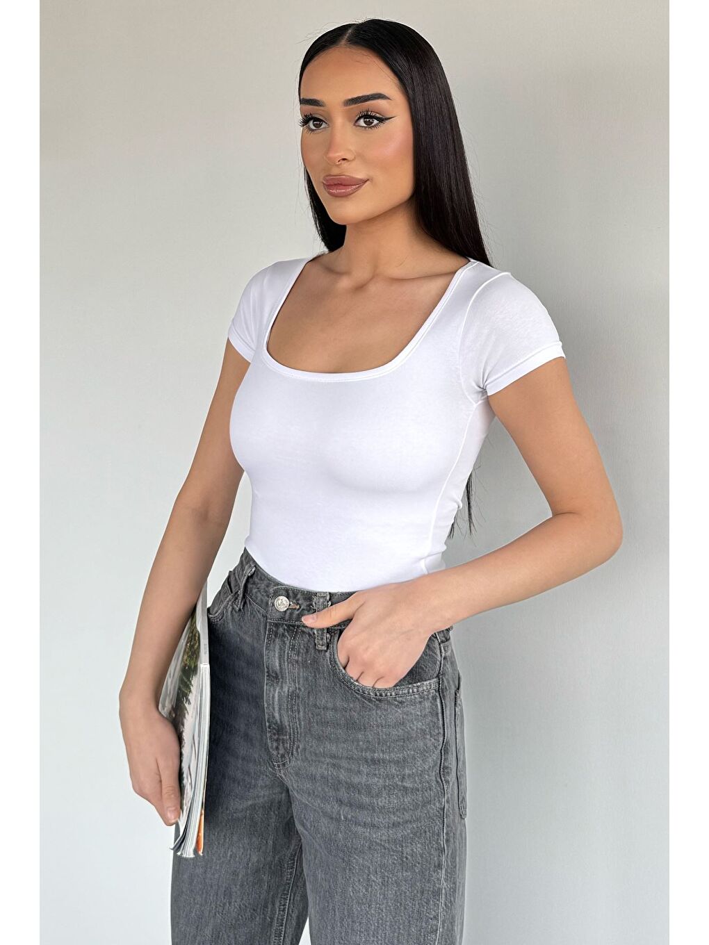 Beyaz Kadın Kare Yaka Elastanlı Basic Body Bluz-1
