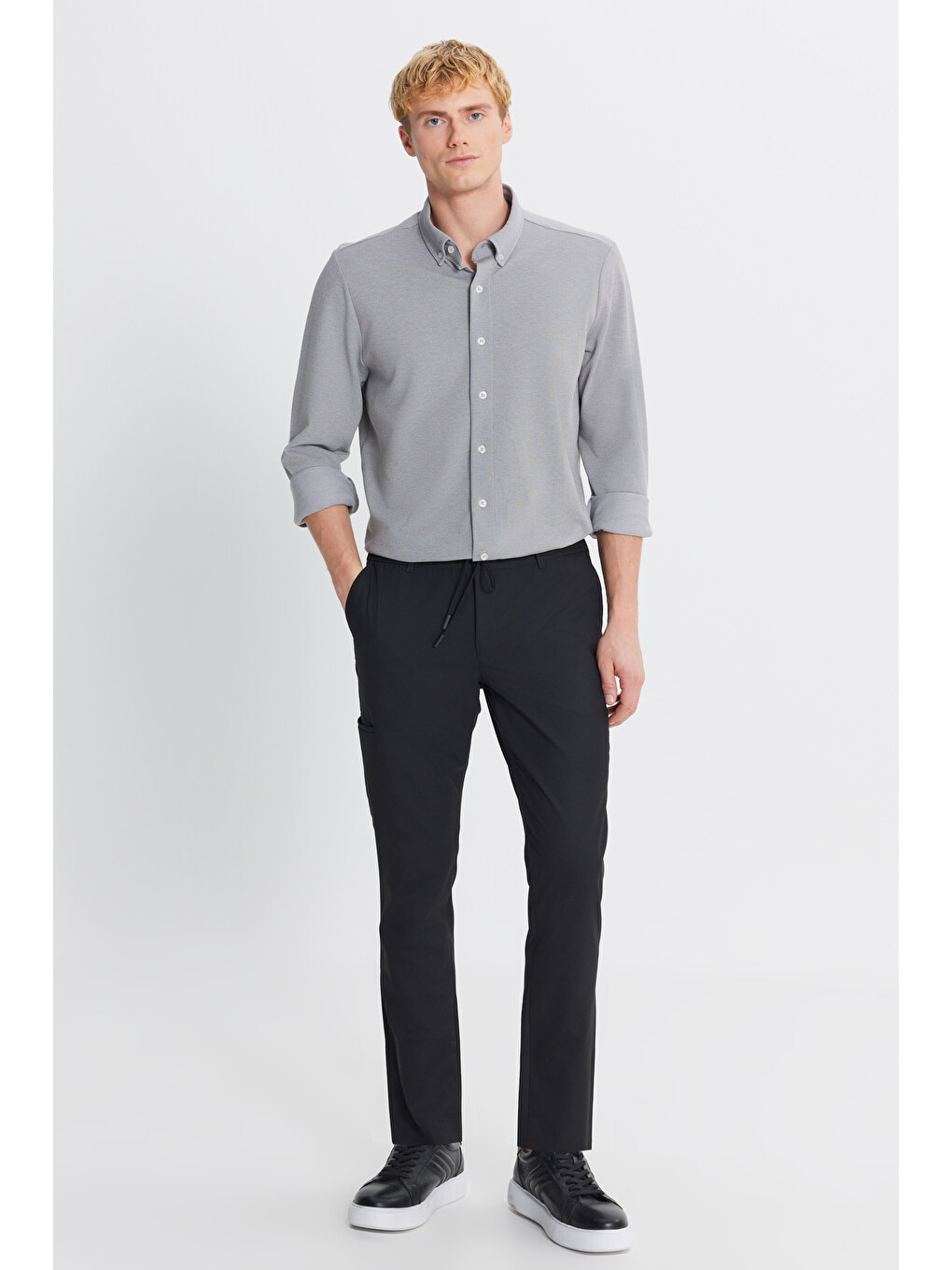 Erkek Siyah Yünlü Slim Fit Dar Kesim Esnek Takım Elbise Pantolonu-2