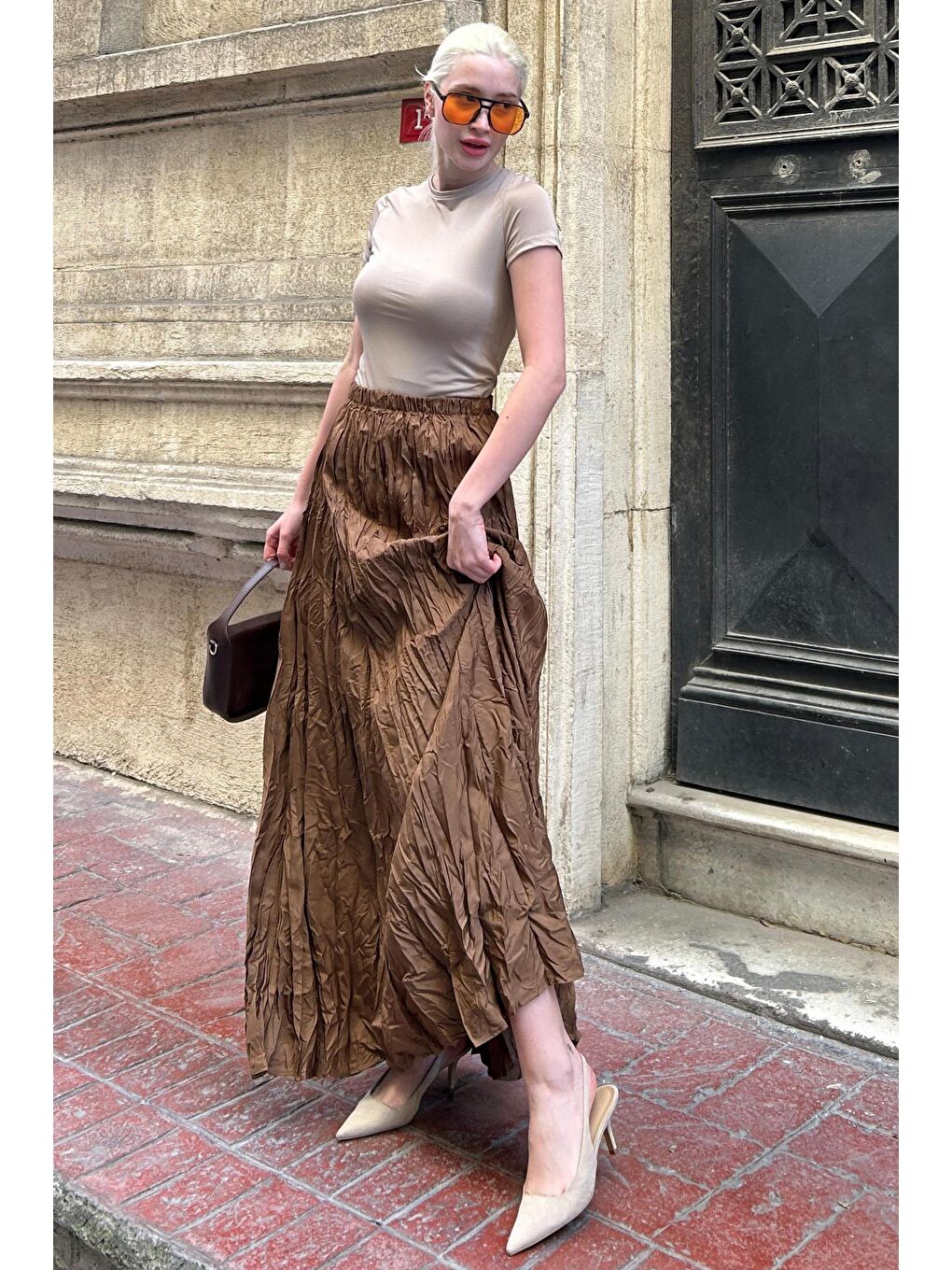 Kahverengi Kırışık Desen Midi Boy Kadın Etek Mg2266-4