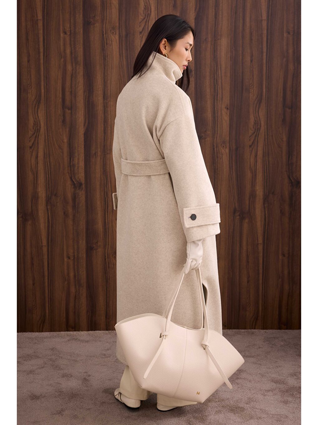 Funnel Neck Uzun Kaban Bej-3