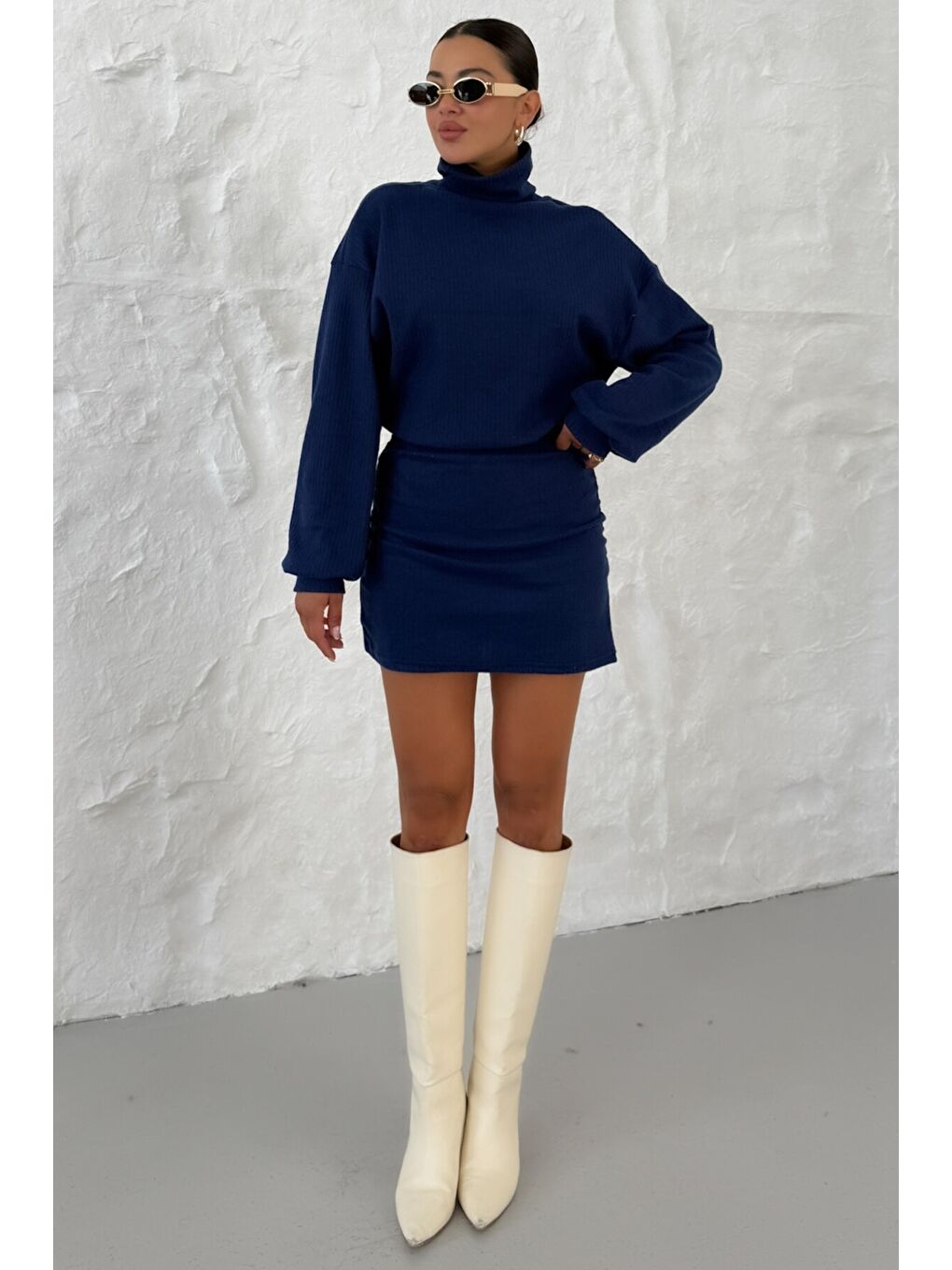Kadın Lacivert Boğazlı Bel Lastikli İnterlok Mini Elbise-4