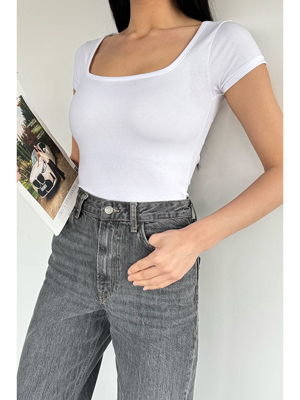 Beyaz Kadın Kare Yaka Elastanlı Basic Body Bluz-2