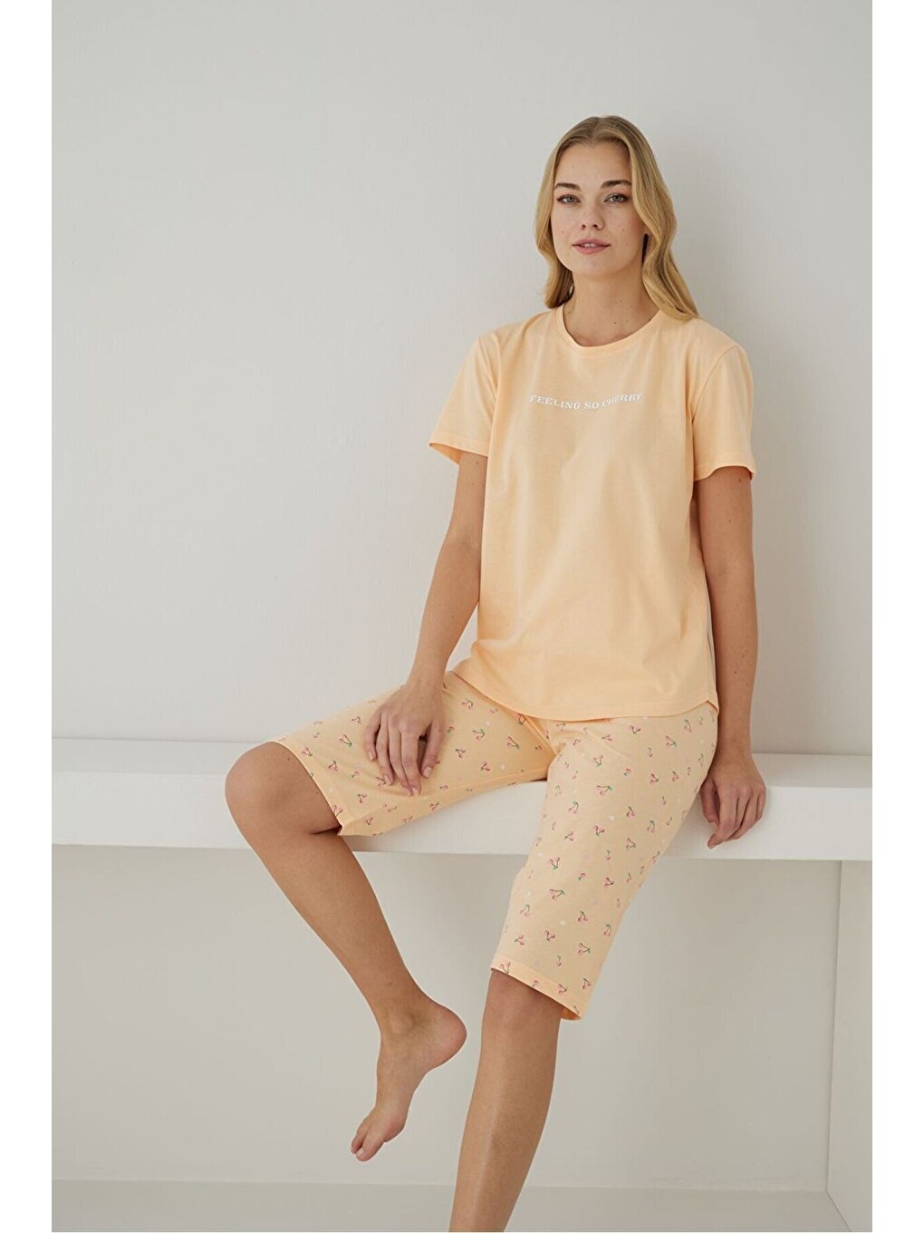 Kadın %100 Organik Pamuk Pembe Kalp Büyük Beden Desenli Kısa Kollu Kapri Doğal Battal Pijama Takımı-4