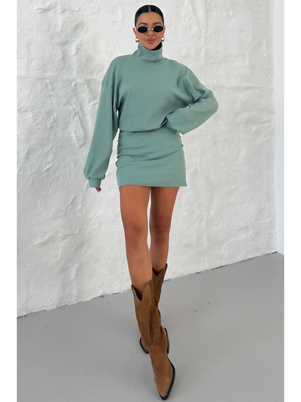 Kadın Mint Yeşili Boğazlı Bel Lastikli İnterlok Mini Elbise-2