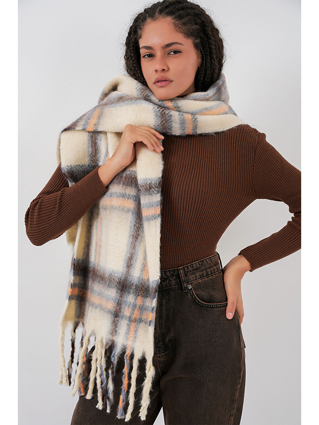 Kadın Yumuşak Dokulu Kalın Şal Atkı 15951 - C. Bej-1