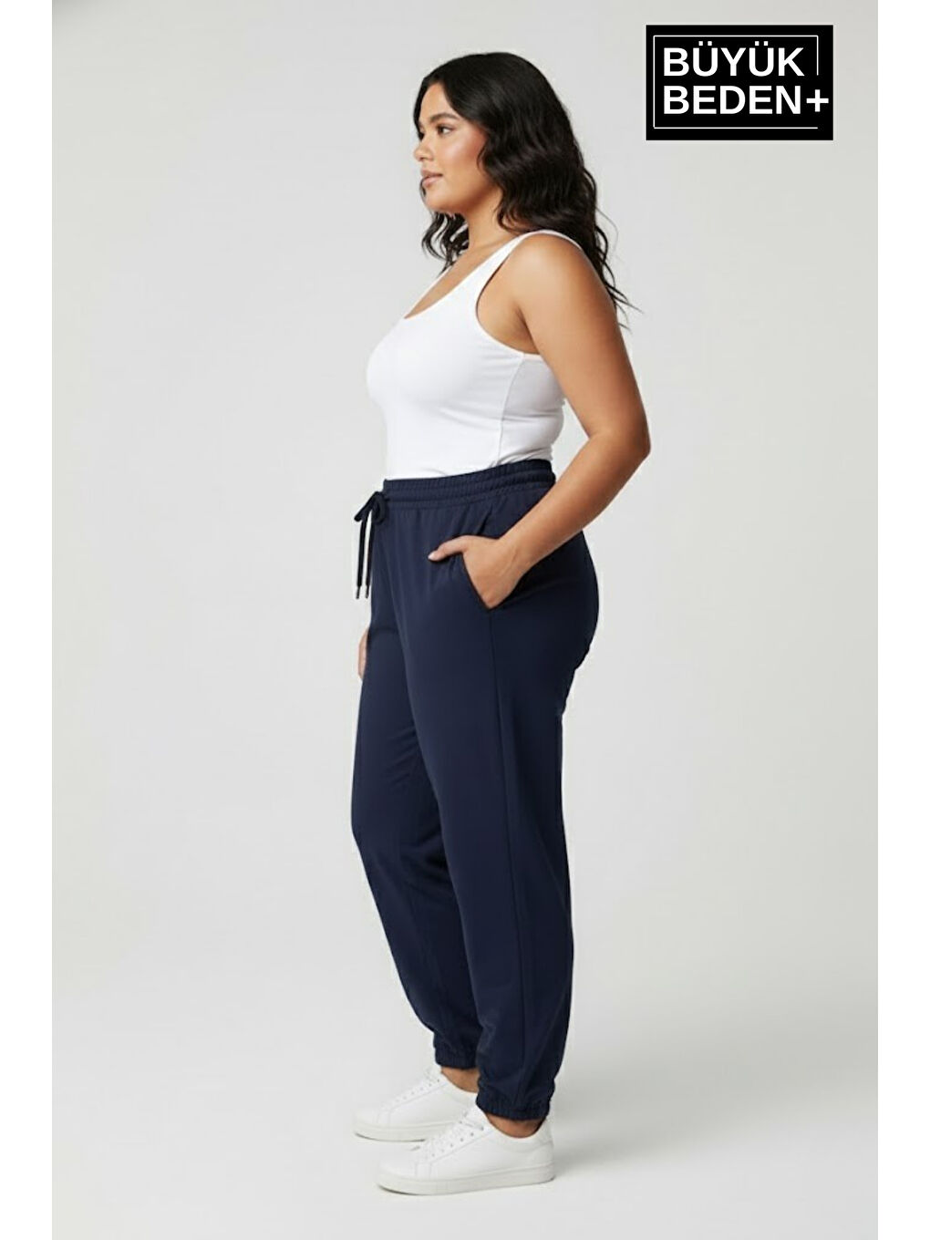Lacivert Kadın Büyük Beden Paça Lastikli İki İplik Rahat Kalıp ince Eşofman Altı SPR26BEAK951-2