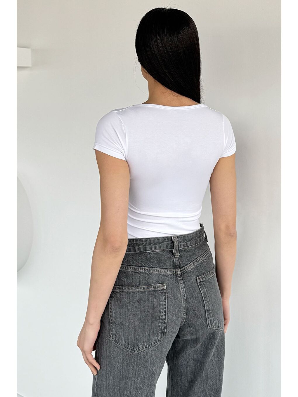 Beyaz Kadın Kare Yaka Elastanlı Basic Body Bluz-3