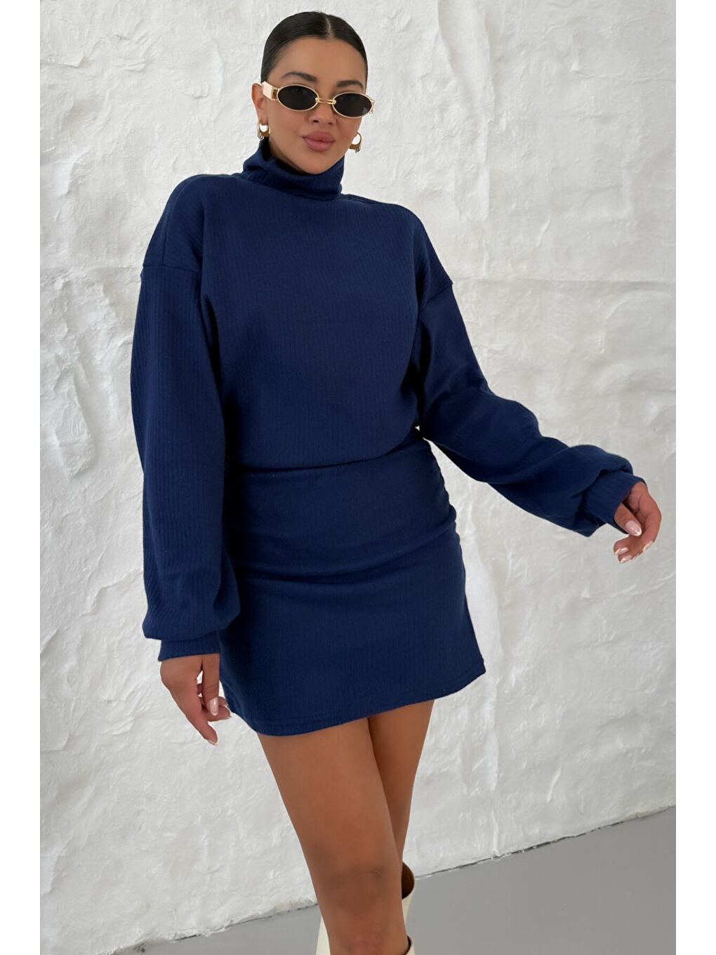 Kadın Lacivert Boğazlı Bel Lastikli İnterlok Mini Elbise-5