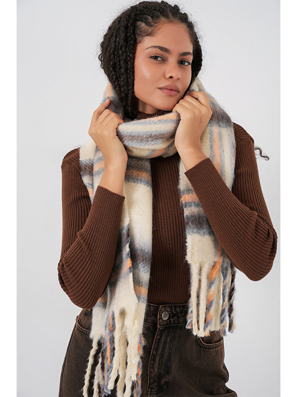 Kadın Yumuşak Dokulu Kalın Şal Atkı 15951 - C. Bej-2