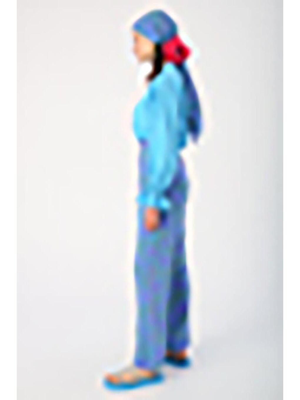 Fuşya-Turkuaz-İspanyol Paça Beli Lastikli Desenli Viskon Pantolon-2