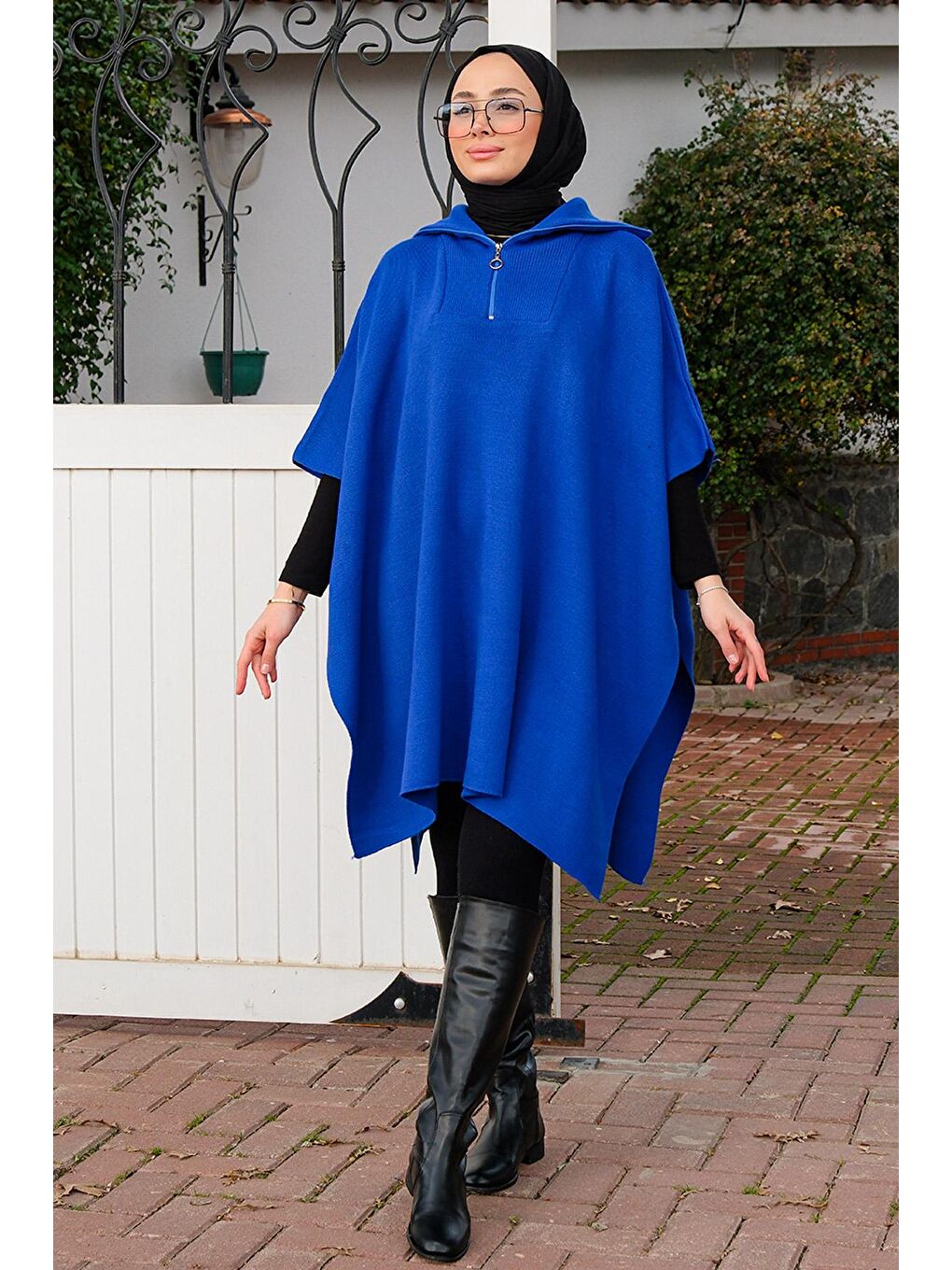 Önü Fermuarlı Panço Saks Mavi-4