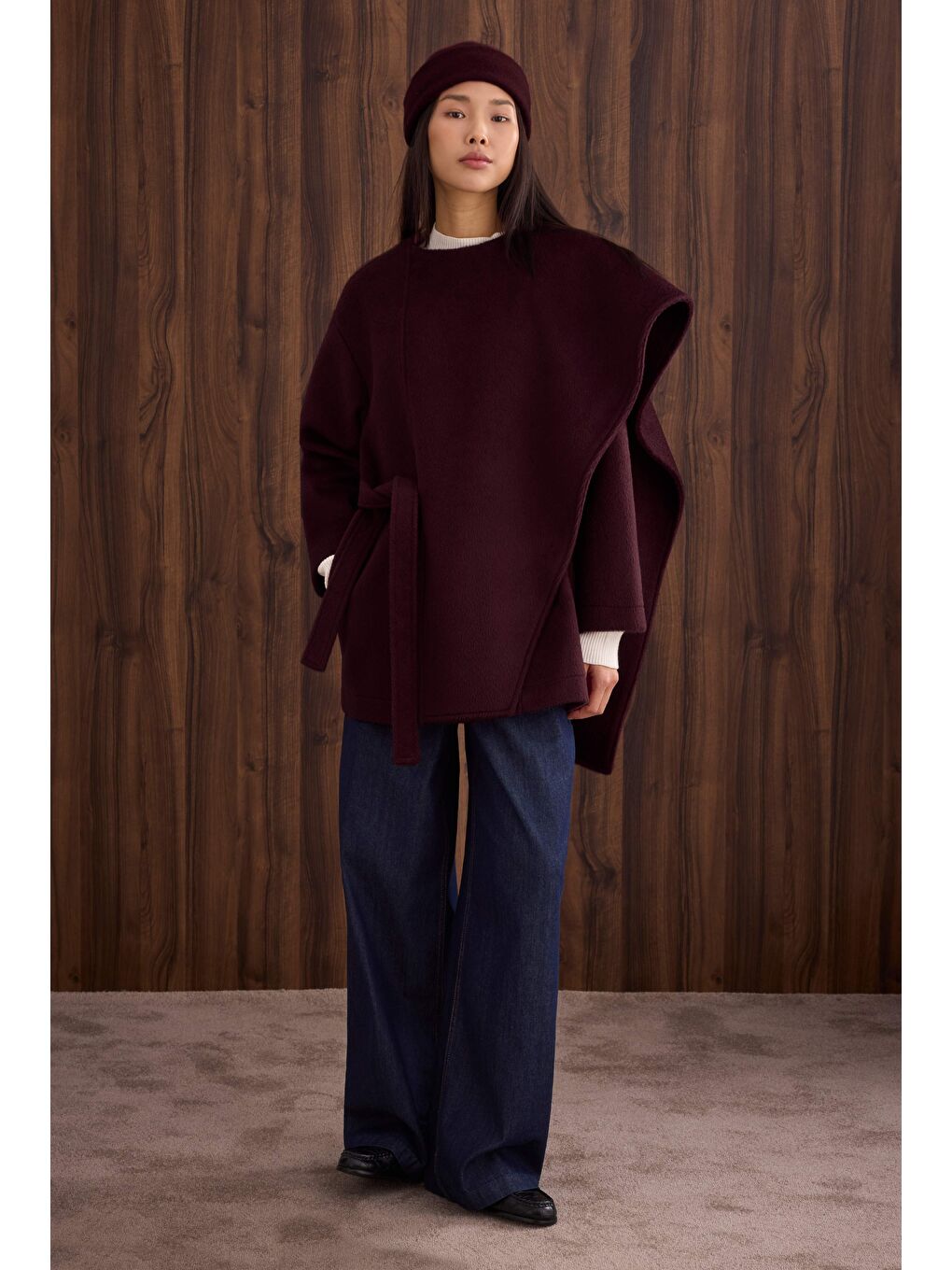 Kuşaklı Şal Yaka Kaban Bordo-1