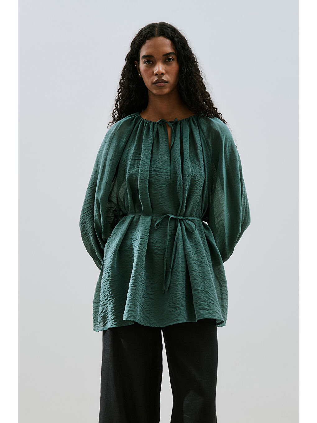 Geniş Manşetli Kuşaklı Tunik Yeşil-3