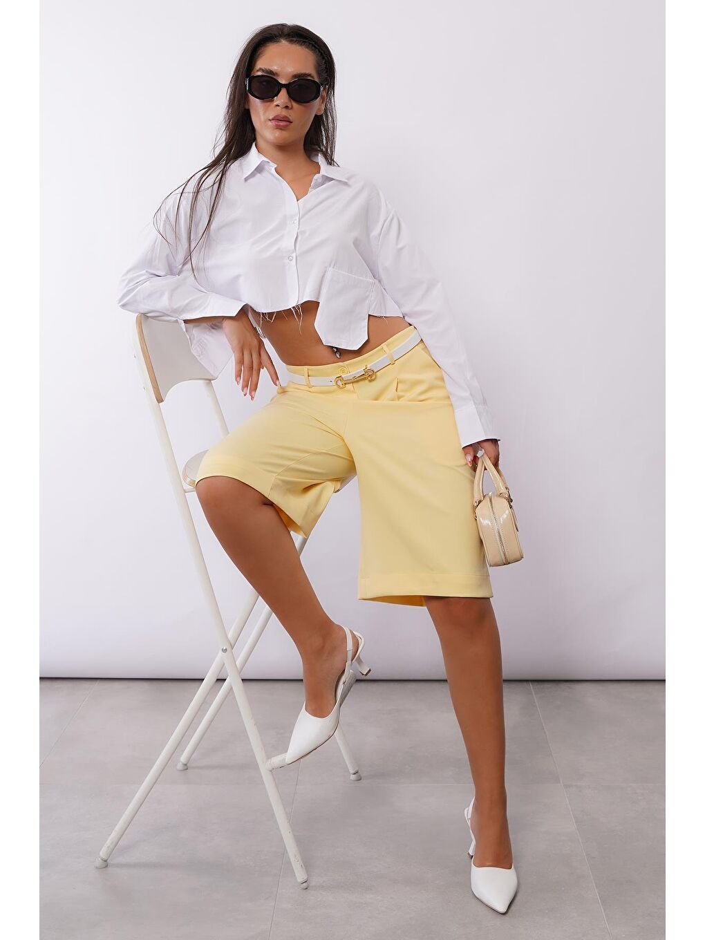 Sarı Pileli Kadın Bermuda Şort Mg2483-4
