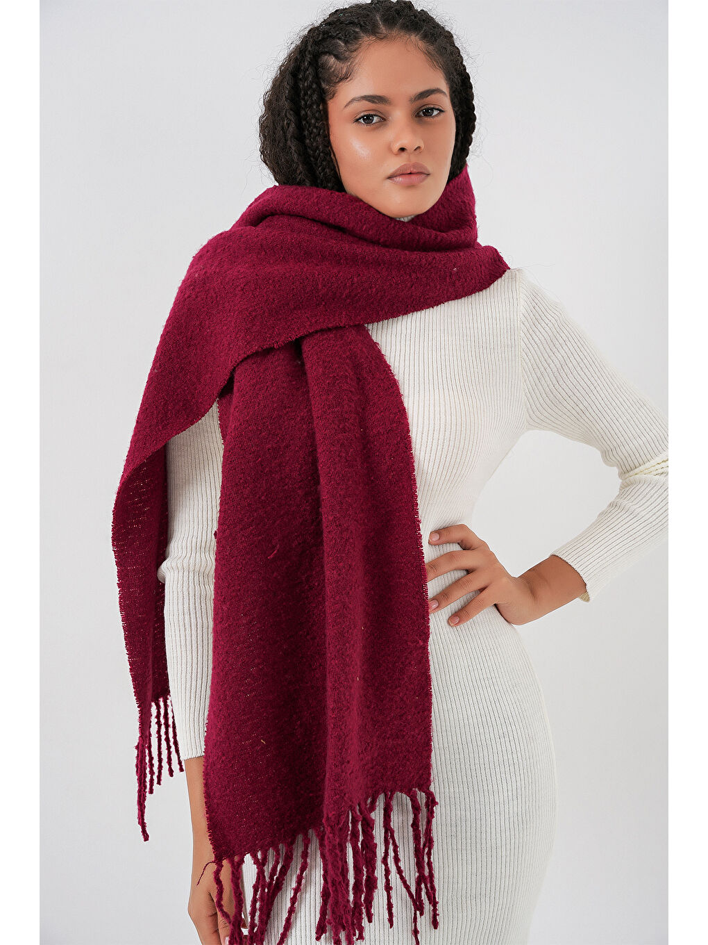 Kadın Yumuşak Dokulu Kalın Şal Atkı 15951 - Bordo-1
