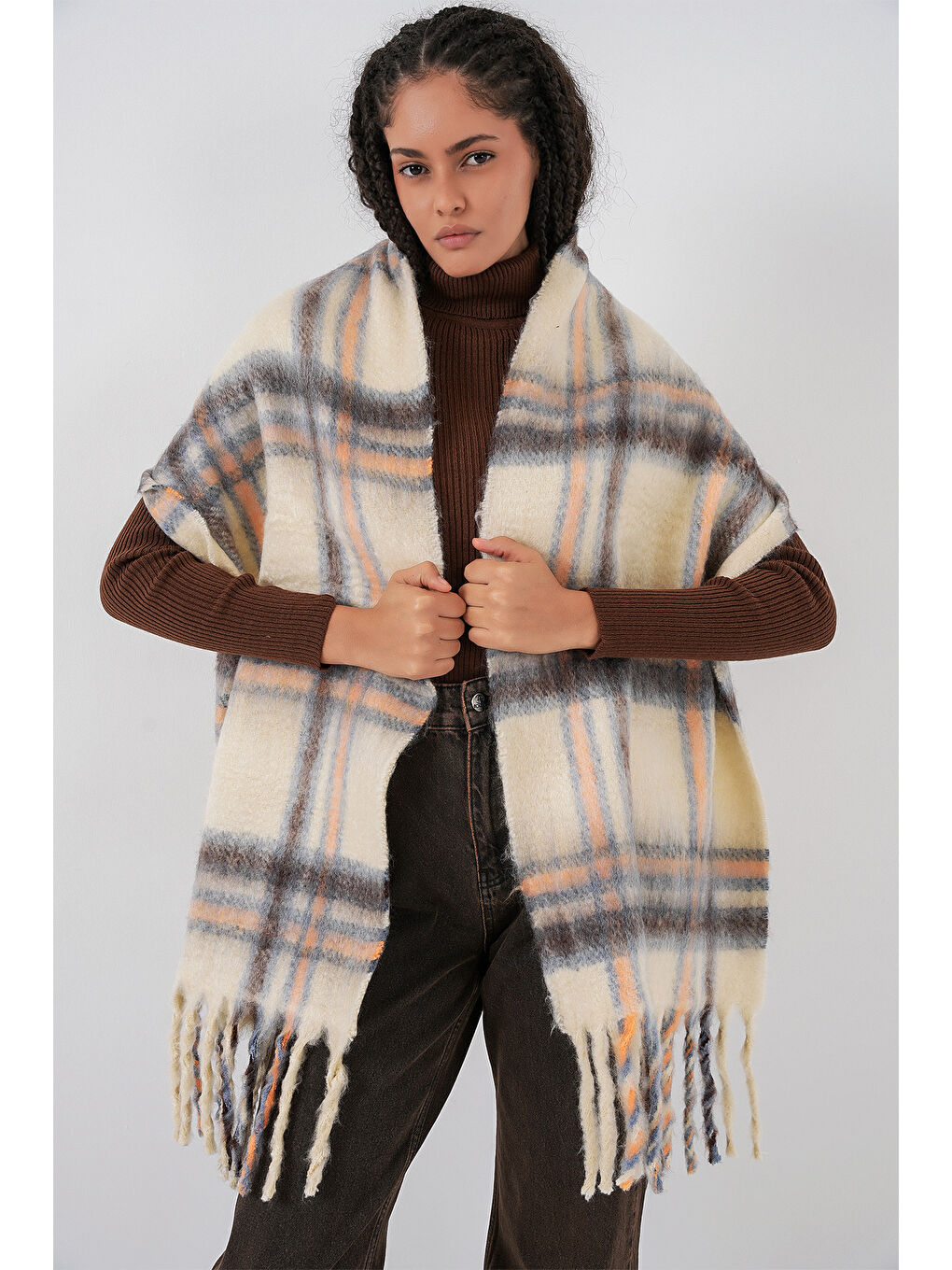 Kadın Yumuşak Dokulu Kalın Şal Atkı 15951 - C. Bej-3