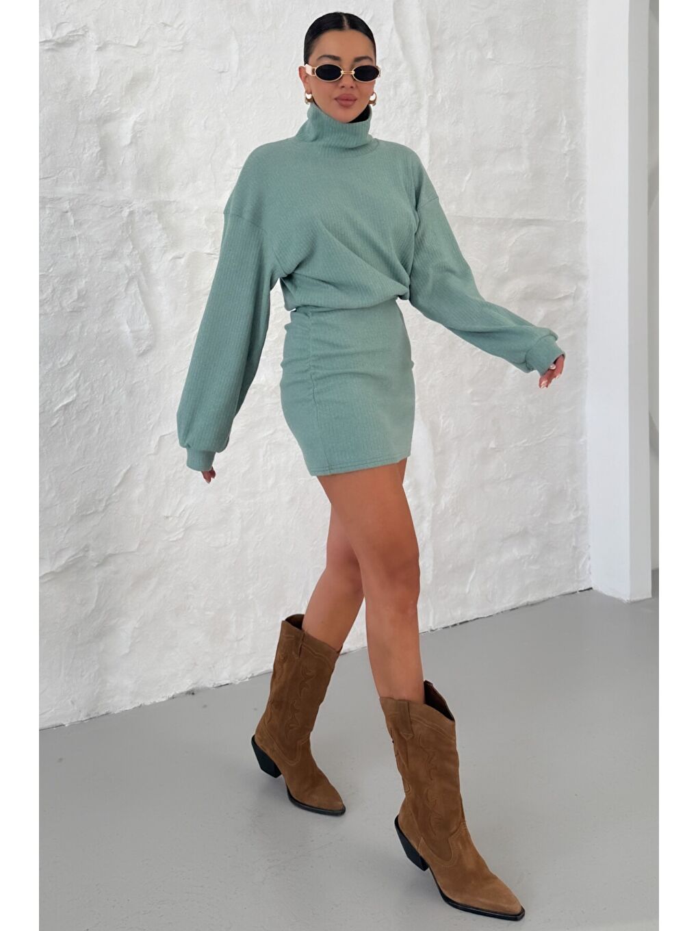 Kadın Mint Yeşili Boğazlı Bel Lastikli İnterlok Mini Elbise-4