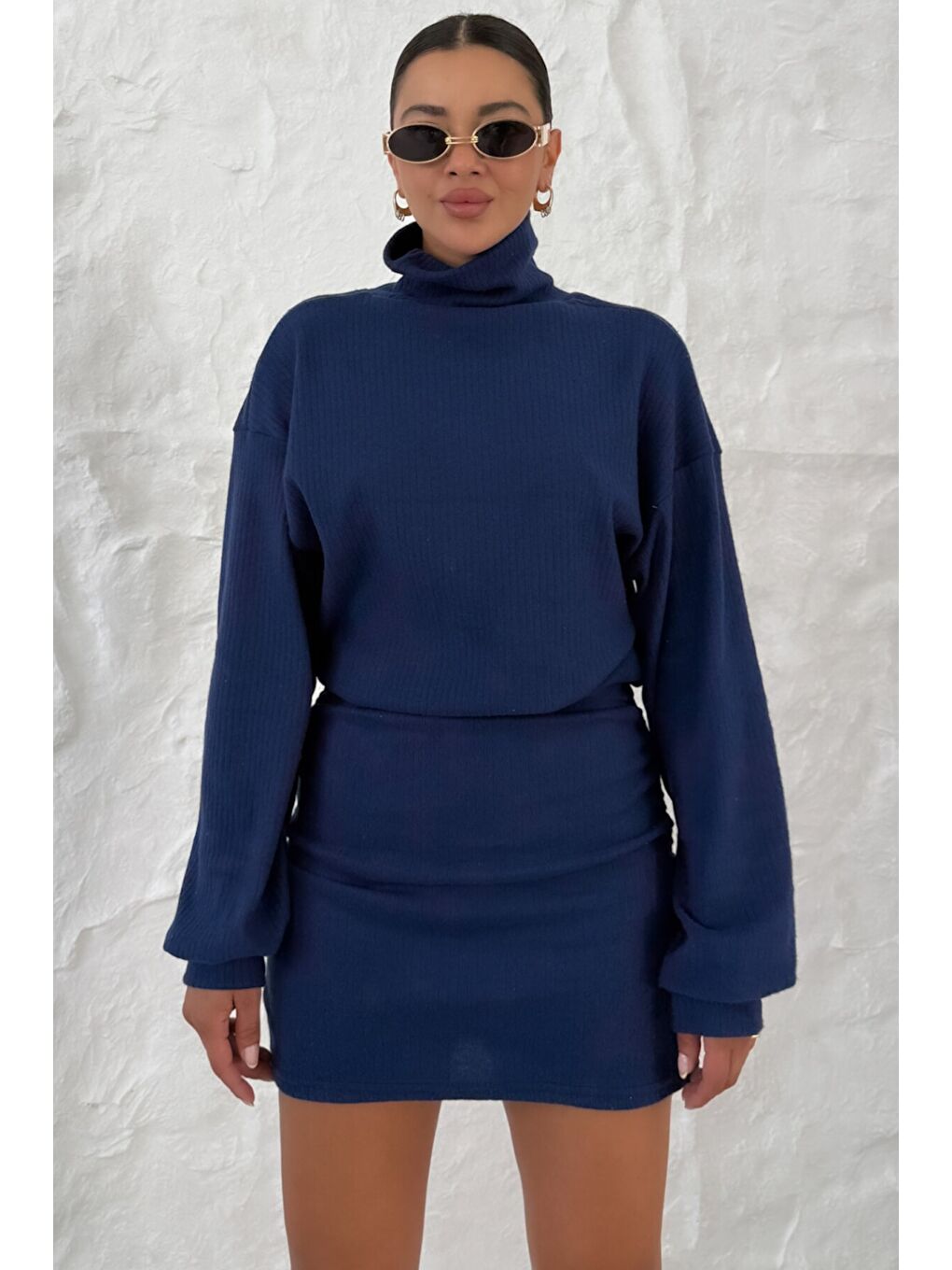 Kadın Lacivert Boğazlı Bel Lastikli İnterlok Mini Elbise-6