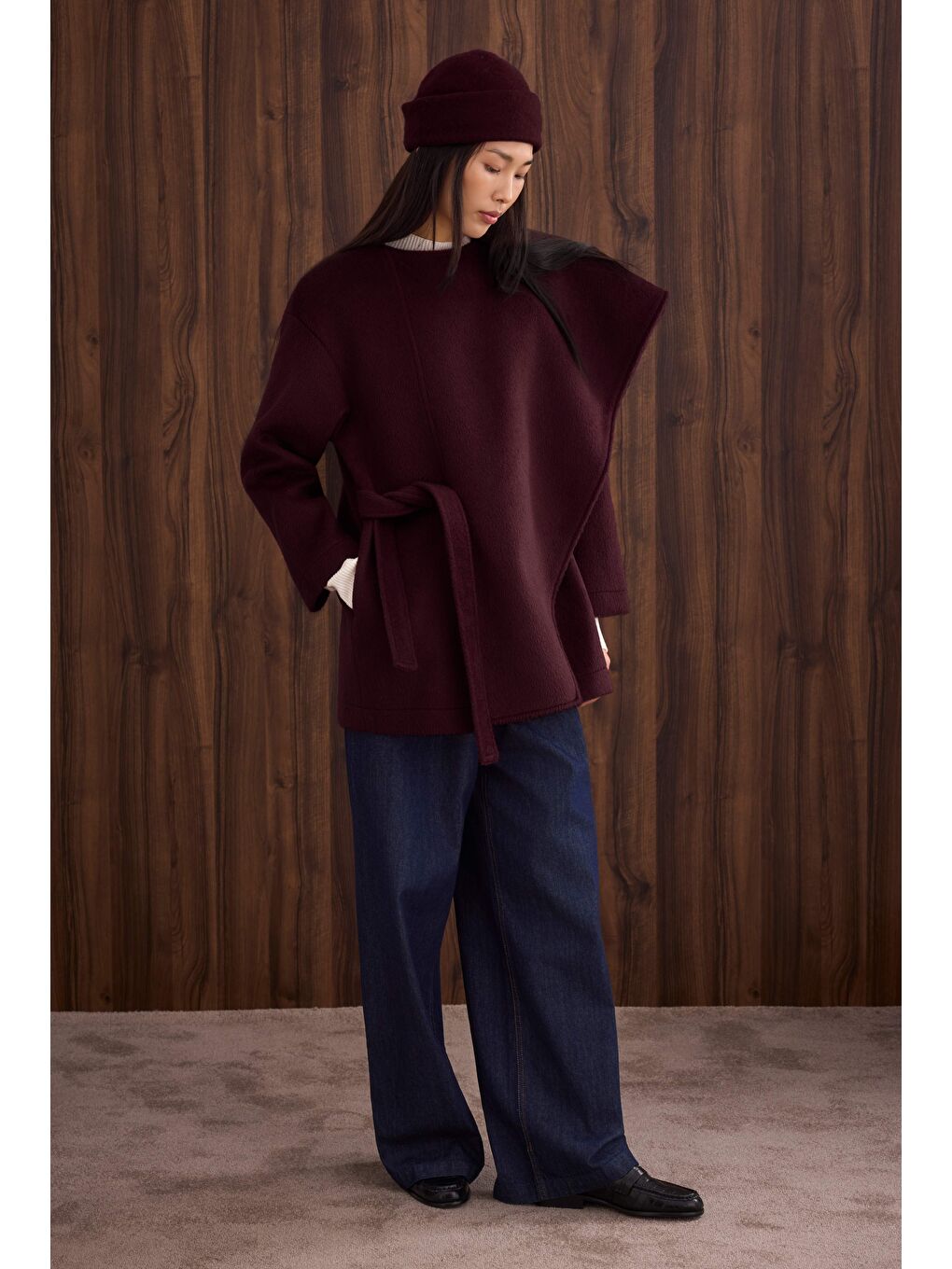 Kuşaklı Şal Yaka Kaban Bordo-2