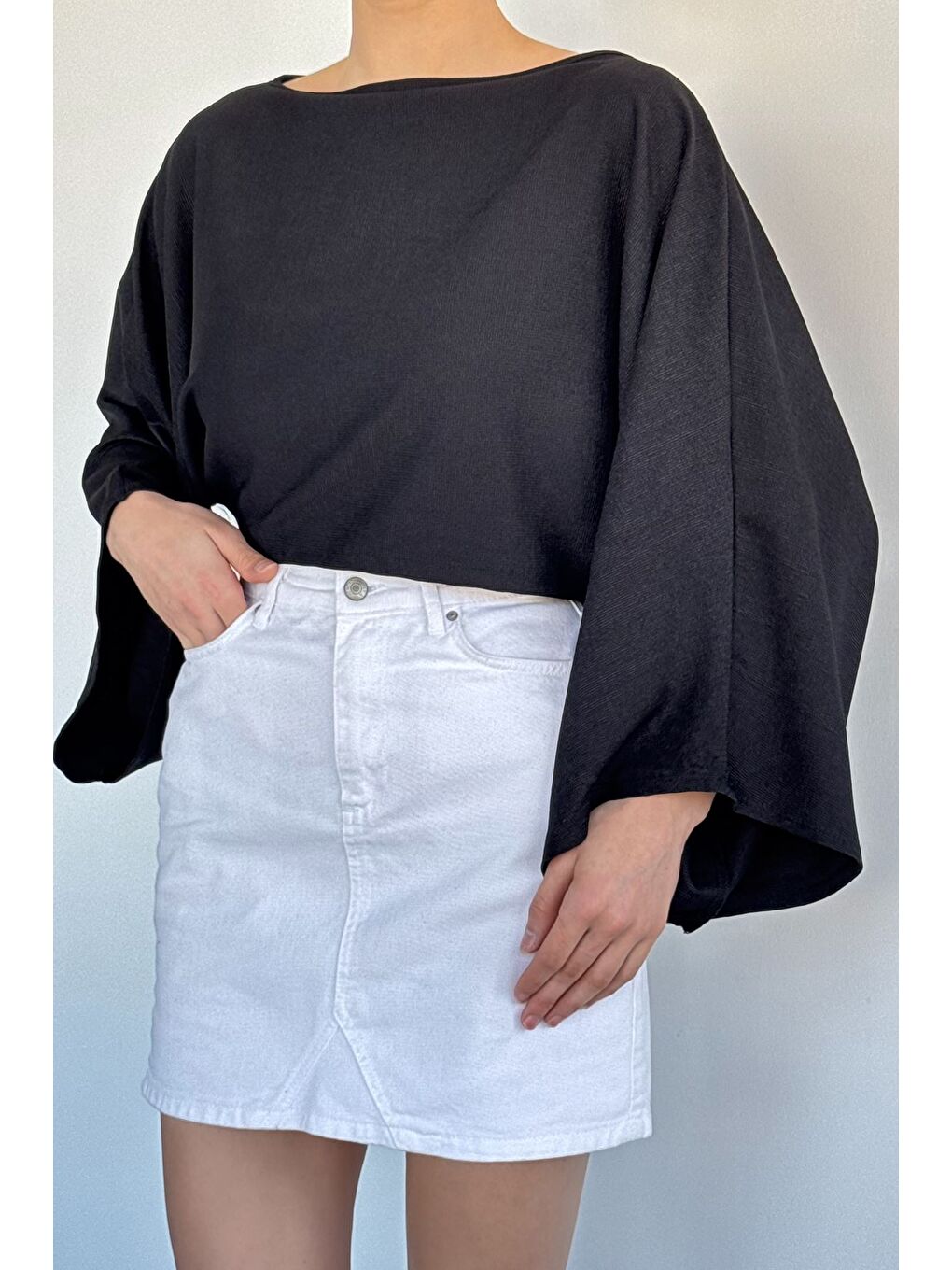 Siyah Kadın Yarasa Kol Salaş Bluz-2