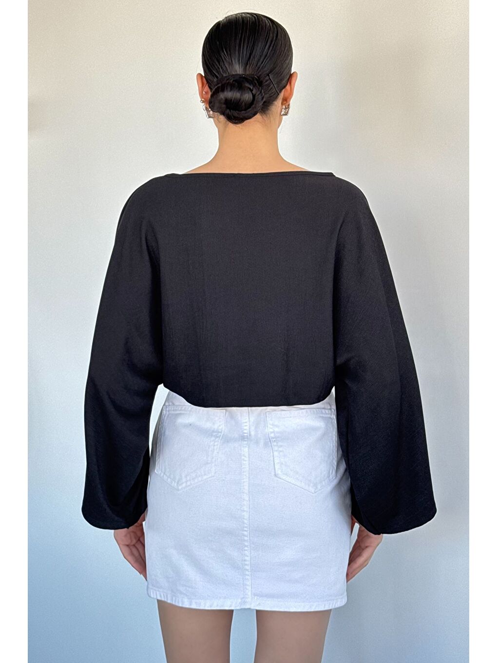 Siyah Kadın Yarasa Kol Salaş Bluz-3