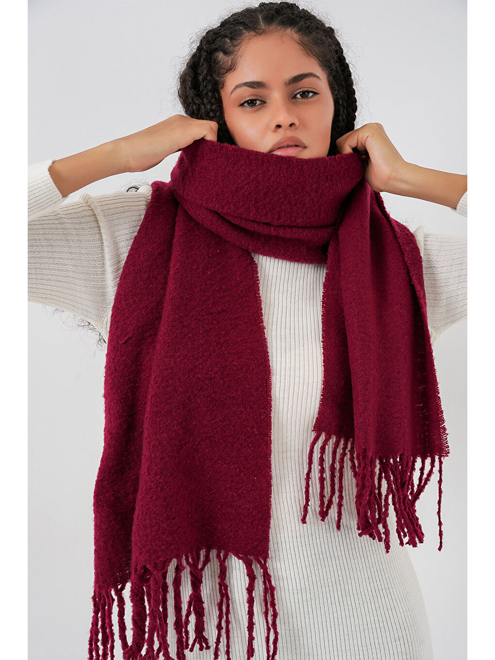Kadın Yumuşak Dokulu Kalın Şal Atkı 15951 - Bordo-2