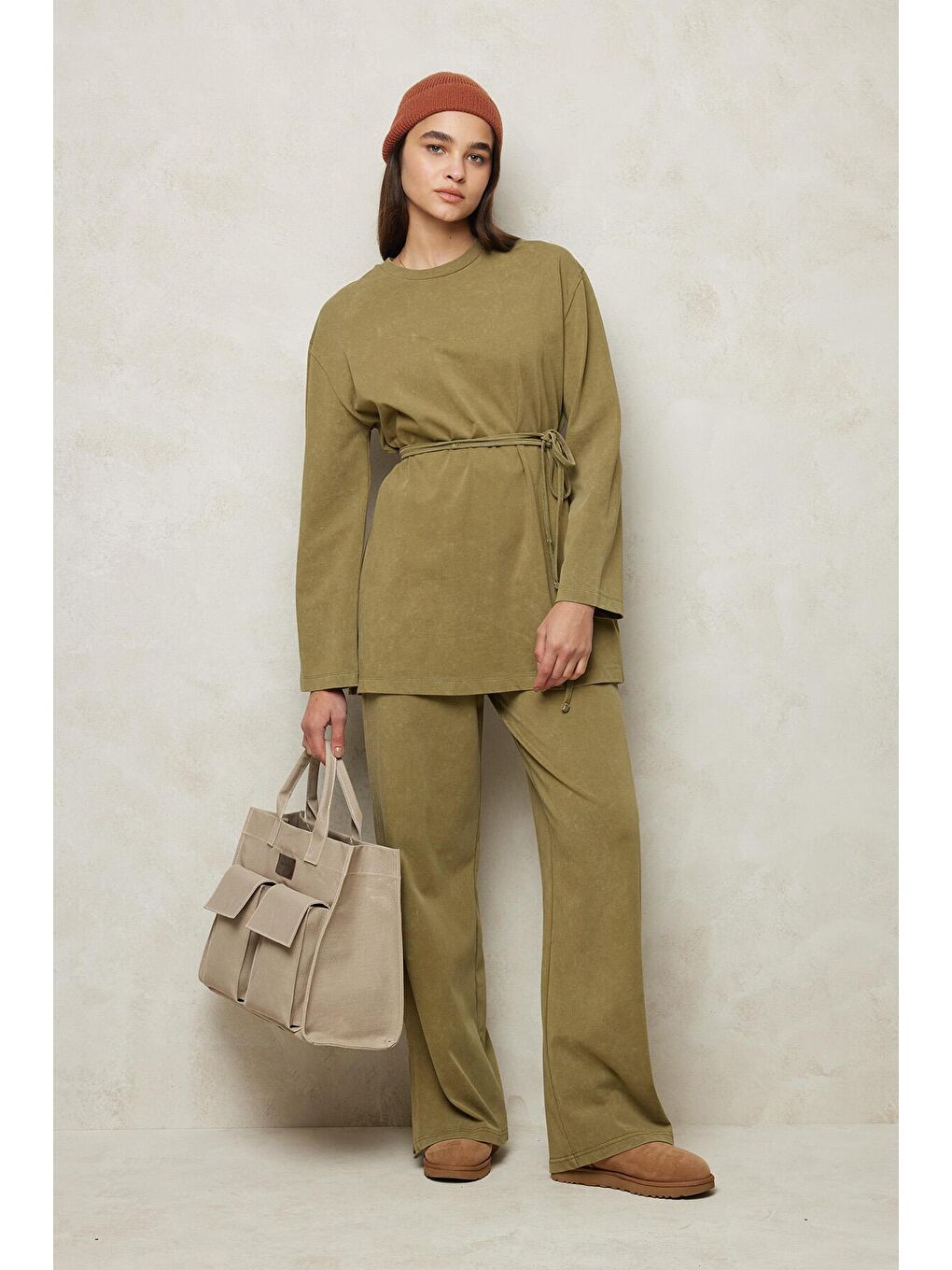 Soluk Efektli Palazzo Pantolon Haki-2