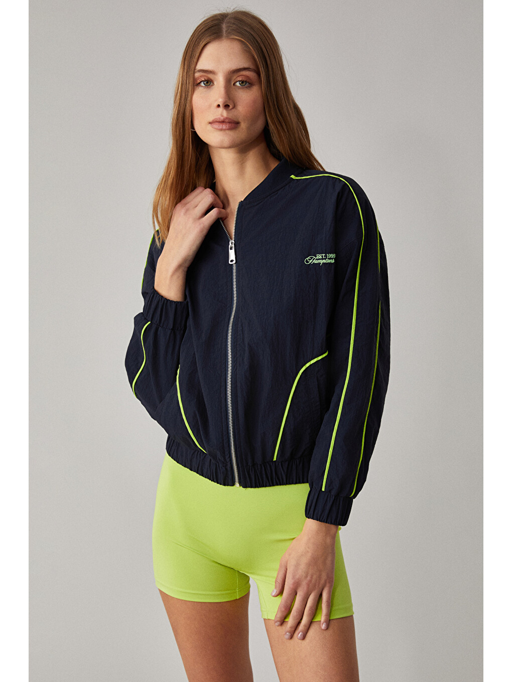 Merlyan Kadın Bomber Yaka Oversize Fermuarlı Lacivert Ceket-2
