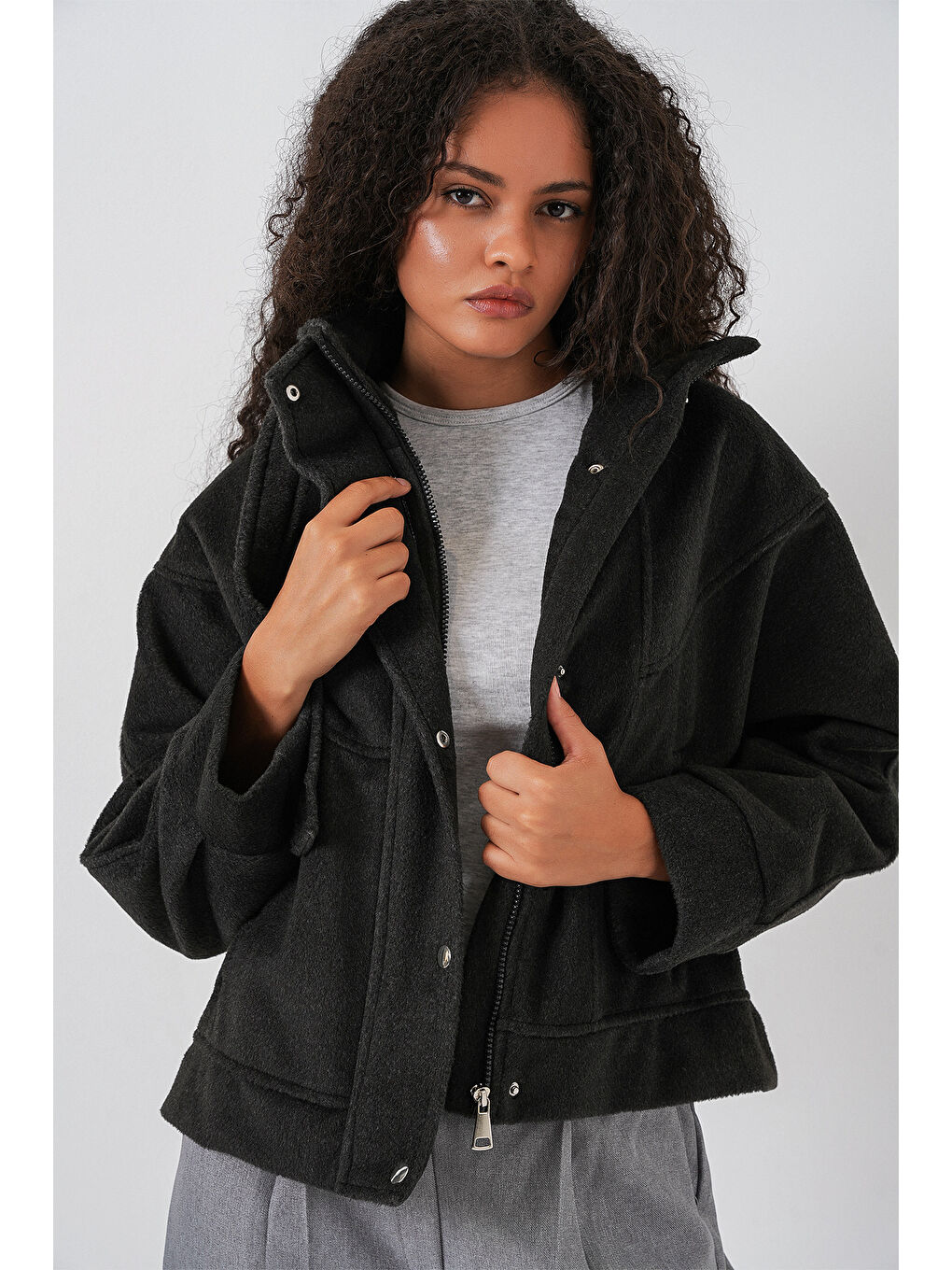 Kadın Oversize Bomber Ceket 0729 - Antrasit-2