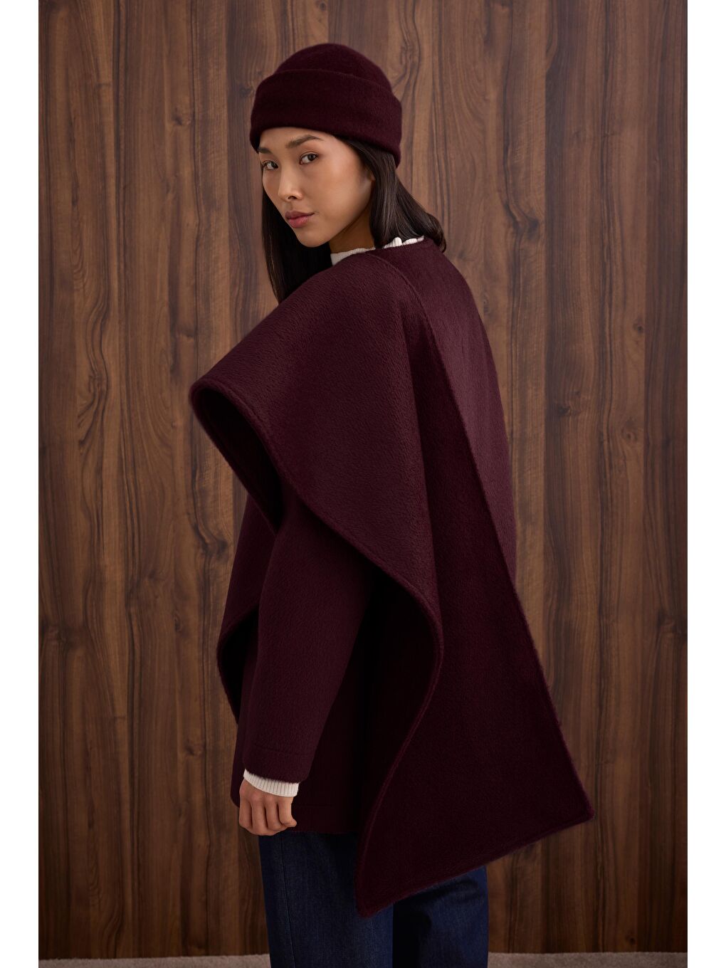 Kuşaklı Şal Yaka Kaban Bordo-3