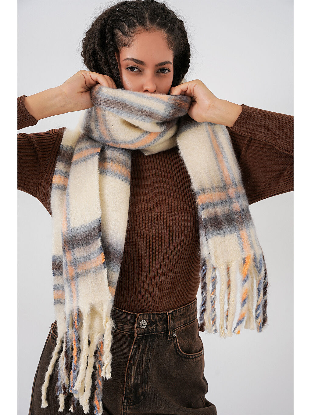 Kadın Yumuşak Dokulu Kalın Şal Atkı 15951 - C. Bej-4